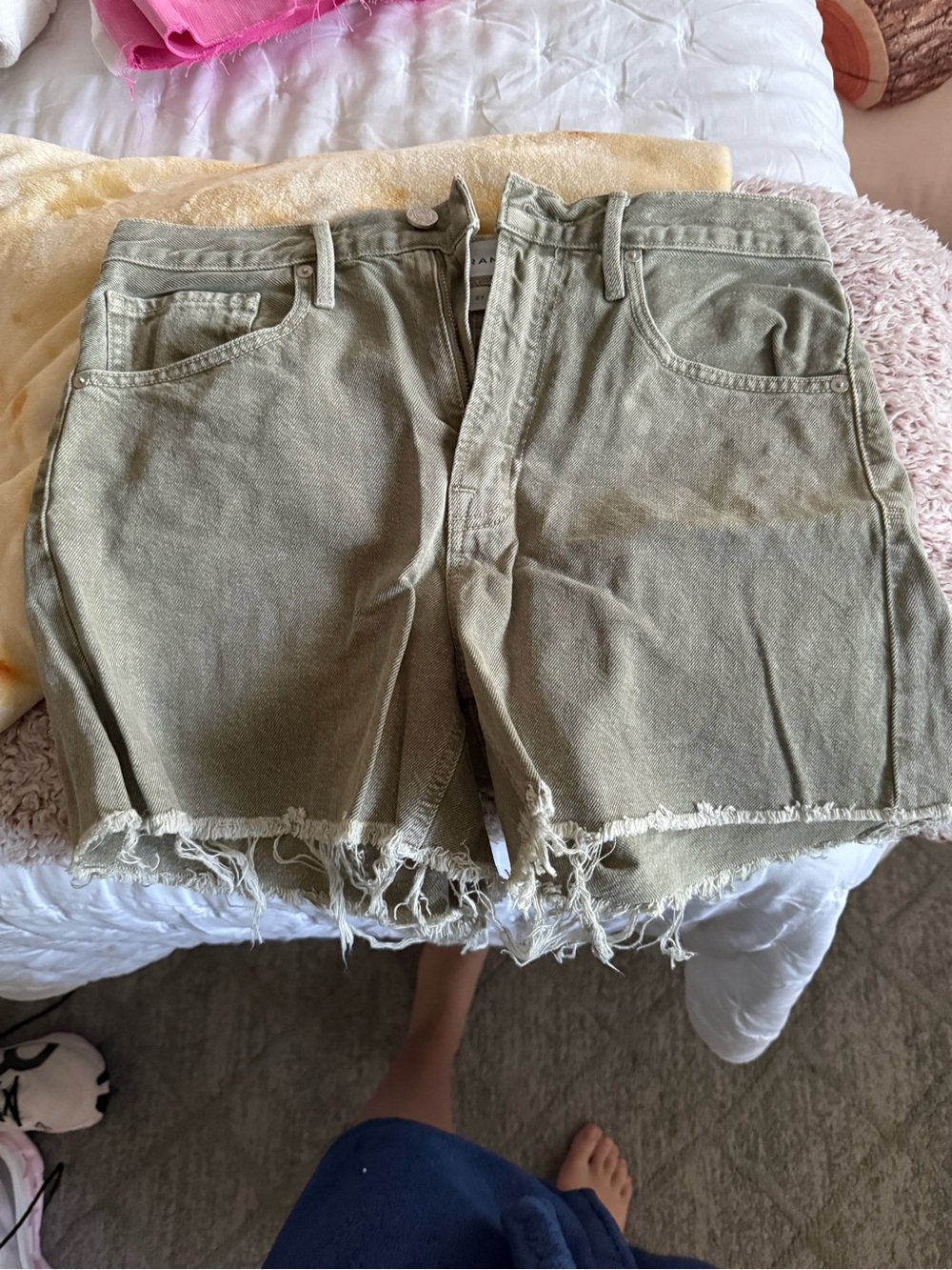 FRAME Frayed Hem Olive Green Denim Shorts